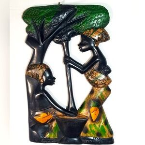 Vibrant African Village Life Sculpture in Green and Gold